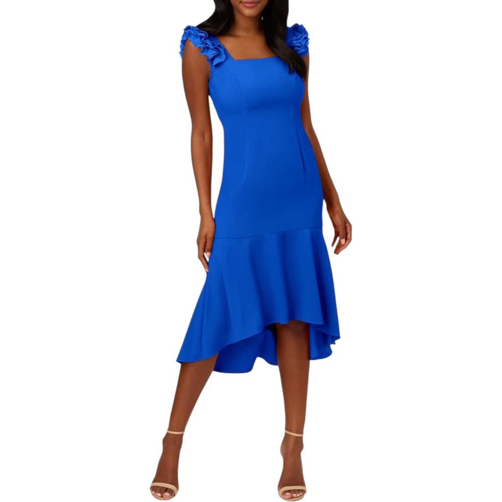 Adrianna Papell Royal Blue Ruffled-Sleeve High-Low Midi Dress